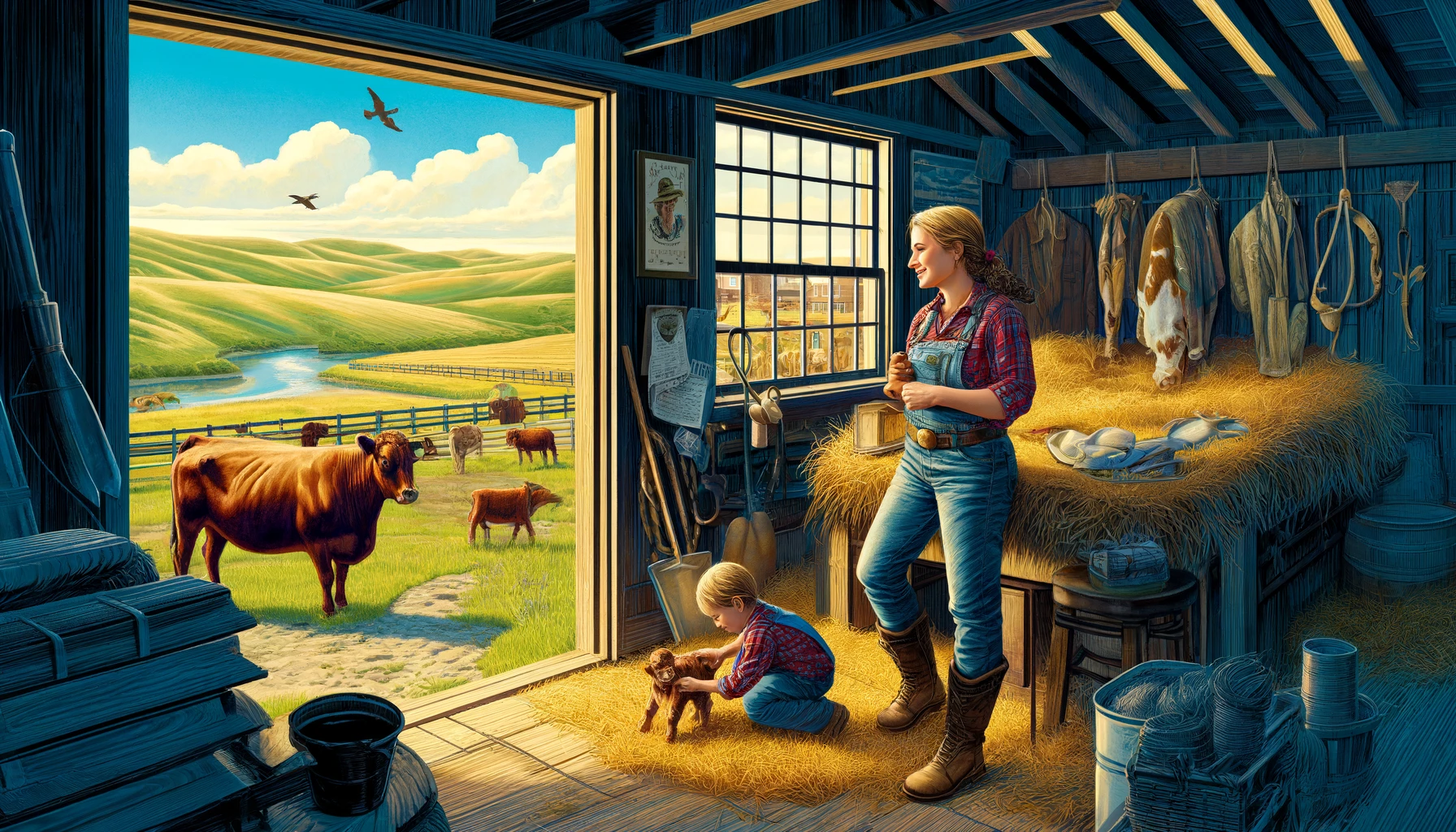 Farm and Ranch Mom - A vivid and detailed wide illustration titled 'Motherhood on the Range_ Heartwarming Tales from the Fields'. The scene depicts a mother in rural Ameri